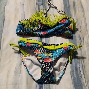 Tropical Print Bikini with Fringe Size 7/8 By Big Chill